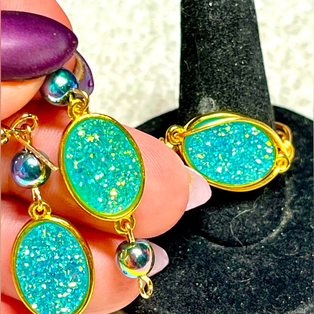 SET Ring and earrings-RESIN glass druzy-handmade